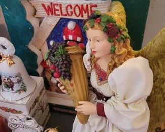 Christmas lot including Standing Angels and Coca-Cola tin and Disney stickers,bells