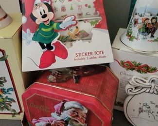 Christmas lot including Standing Angels and Coca-Cola tin and Disney stickers,bells