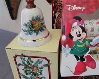 Christmas lot including Standing Angels and Coca-Cola tin and Disney stickers,bells