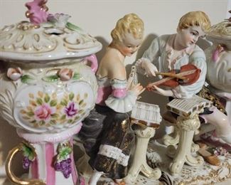 Gorgeous Porcelain Potpourri dish and  figurines 2 pcs, very ornate and complete/unbroken