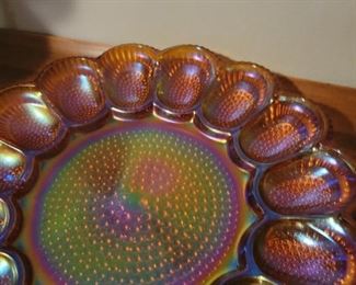 Carnival glass egg tray and candy dish