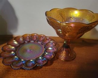 Carnival glass egg tray and candy dish