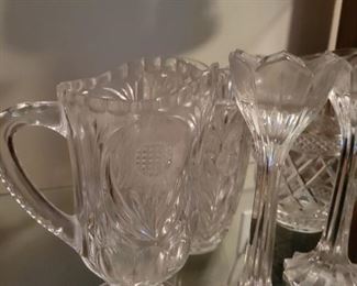 Glass lot 6 pc pitchers and flower stemware 