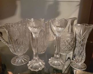 Glass lot 6 pc pitchers and flower stemware 