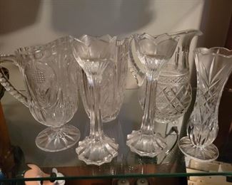 Glass lot 6 pc pitchers and flower stemware 