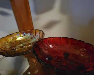 Indiana Amber Carnival glass fruit bowl and Ruby Fruit bowl