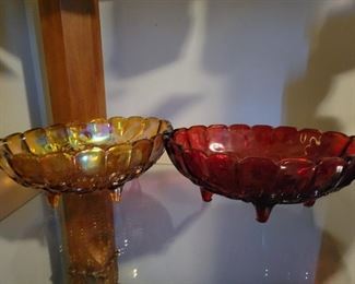 Indiana Amber Carnival glass fruit bowl and Ruby Fruit bowl