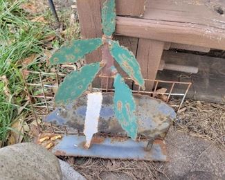 Concrete child statuary and frog plater with wire decor