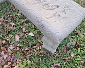 Concrete bench and Yard art doggie