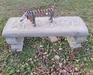 Concrete bench and Yard art doggie