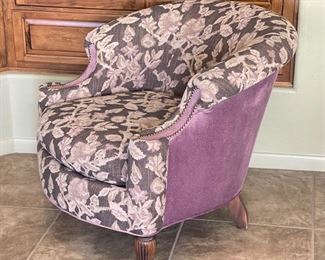 Purple Floral Print Barrel Chair Nailhead 32 x 33 x 37in HxWxD