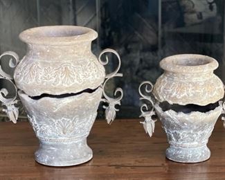 2pc Rustic Stone & Iron decor Vases PAIR largest: 12 x 11 x 8 HxWxD