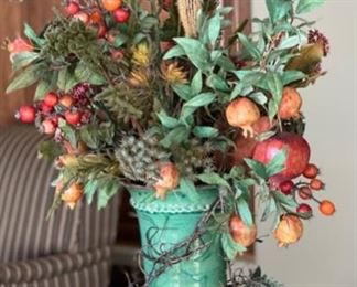 Signed Vietri Italy Faux Floral Pomegranate Decor Vase: 17in H x 8in Diameter