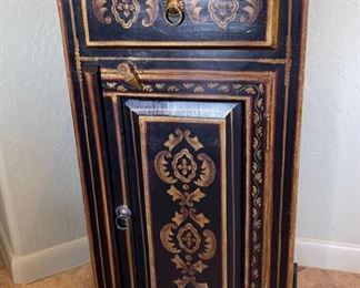 Hand Painted Slender Accent Cabinet Black & Gold 32 x 15.5 x 12.25 HxWxD