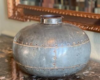 Rustic Riveted Metal Round Vase Pot Decor 11 x 13in diameter