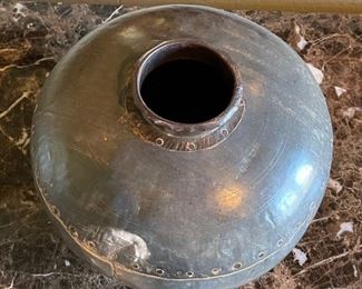 Rustic Riveted Metal Round Vase Pot Decor 11 x 13in diameter