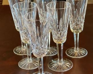 6pc Waterford Crystal Lismore Fluted Champagne Glasses 7.25in H x 2.5in Diameter Opening