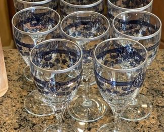 8pc Blue & Silver Rim Wine Glasses 8 x 3.25in diameter