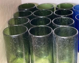 12pc Green Hand Blown Bubble Glass Cups Highball Drinking Glasses Drinkware 5.75in H x 3.25in diameter approximately