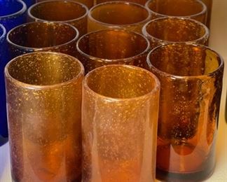 12pc Amber Hand Blown Bubble Glass Cups Highball Drinking Glasses Drinkware 5.75in H x 3.25 diameter approximately