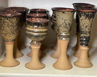 12pc Drip Glaze Stoneware Chalice Wine Goblet Studio Art Pottery Glasses Largest: 10in H x 3.75in diameter