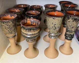 12pc Drip Glaze Stoneware Chalice Wine Goblet Studio Art Pottery Glasses Largest: 10in H x 3.75in diameter