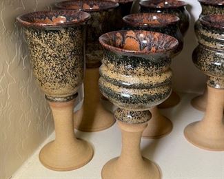 12pc Drip Glaze Stoneware Chalice Wine Goblet Studio Art Pottery Glasses Largest: 10in H x 3.75in diameter