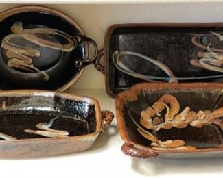 4pc Studio Art Pottery Earthenware Serving Platters Signed Largest: 2 x 11.5 x 12.5in