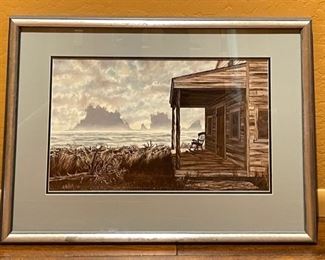 Original Oil Painting Ocean View Shack Randy Van Beek Art Vanbeek Frame: 21.25 x 28.25 x 1.5 In Image: 12.5 x 20 in HxWxD