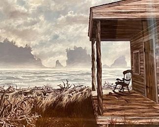Original Oil Painting Ocean View Shack Randy Van Beek Art Vanbeek Frame: 21.25 x 28.25 x 1.5 In Image: 12.5 x 20 in HxWxD