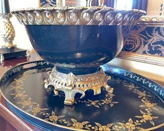 Heavy Bronze & Porcelain Centerpiece bowl w/ Tray Bowl: 10.75 x 16 in