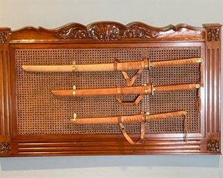 3 Samurai Swords on Display 28 x 48 x 1.5 in HxWxD