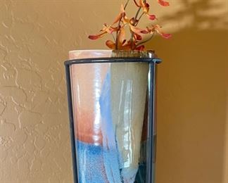 Ojo Sarco Pottery Ceramic Vase with Iron Stand Kathy Riggs and Jake Willson 19 in by 6in diameter