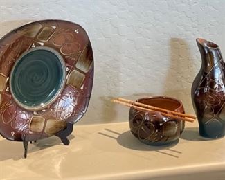 3pc James Brooke Studio Pottery Plate, Pitcher, Bowl Set Plate: 12.75 x 12.75