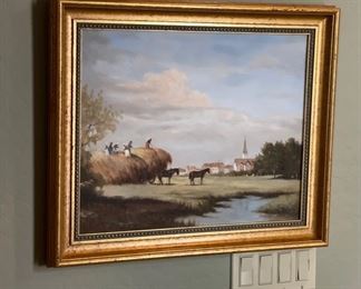 Original Art Lugano Candi Oil Making Hay Painting Frame: 20.5x24.25x2in Image: 19.5x15.5 HxWxD