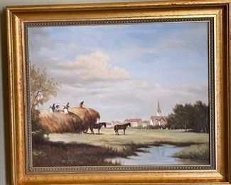 Original Art Lugano Candi Oil Making Hay Painting Frame: 20.5x24.25x2in Image: 19.5x15.5 HxWxD