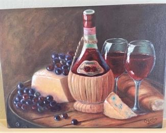 Signed Debra Ozello Canvas Litho Print Wine & Cheese 16.75x22.5in HxWxD