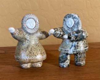2pc Edith Oktollik Inuit Eskimo Carved Figures Sincaolook Point Alaska Soapstone 4in H