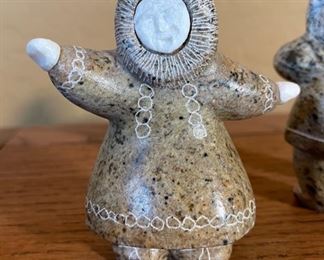 2pc Edith Oktollik Inuit Eskimo Carved Figures Sincaolook Point Alaska Soapstone 4in H