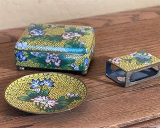 3pc Chinese Cloisonne Set Lidded Trinket Box: 1.5x3.75x3in