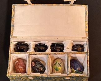 4pc Chinese Cloisonné Eggs Mini Box: 2x6.5x3in HxWxD