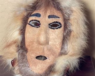 Vintage Alaskan Eskimo Caribou Skin Mask Nunamiut Anaktuvuk Pass Face Fur 1980s Inuit Approx 12in long