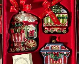 3pc Waterford Lismore Christmas Train Ornaments in Box Holiday Heirlooms