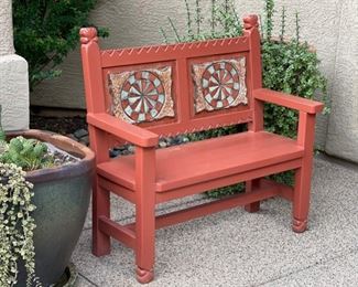 Rustic Carved Wood Mexican Patio Bench 41 x 43 x 21 in HxWxD