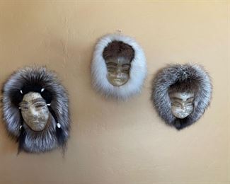 3pc Eskimo masks Carol Kious Inuit Caribou Skin Fur Approx: 11 x 8in