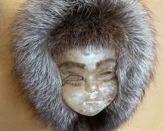 3pc Eskimo masks Carol Kious Inuit Caribou Skin Fur Approx: 11 x 8in