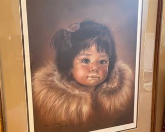 Signed Litho Shawn Hawbold Eskimo Girl Portrait 62/200 Framed Lithographic Print Frame: 27.5 x 24in