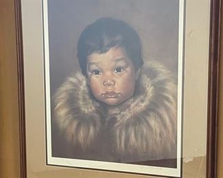 Signed Litho Shawn Hawbold Eskimo Boy Portrait 62/200 Framed Lithographic Print Frame: 27.5 x 24in