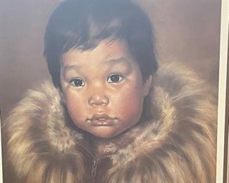 Signed Litho Shawn Hawbold Eskimo Boy Portrait 62/200 Framed Lithographic Print Frame: 27.5 x 24in