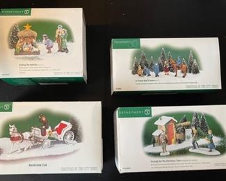 4 pc Dept. 56 Christmas in the City Series figurines. Visiting the nativity, to protect and to serve, handsome cab, picking out the Christmas tree